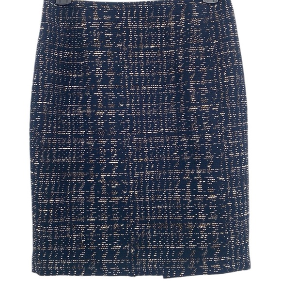 T Tahari Navy Brown Cream Cotton Polyester Embroidered Work Wear Skirt US 2 - Picture 1 of 9